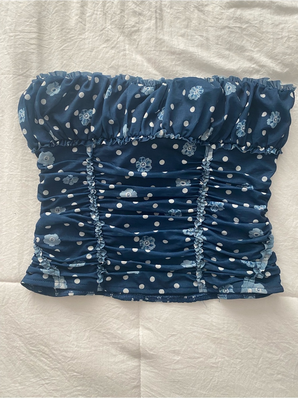 Free People Navy Blue Floral Polka Dot Strapless Ruched Crop Top